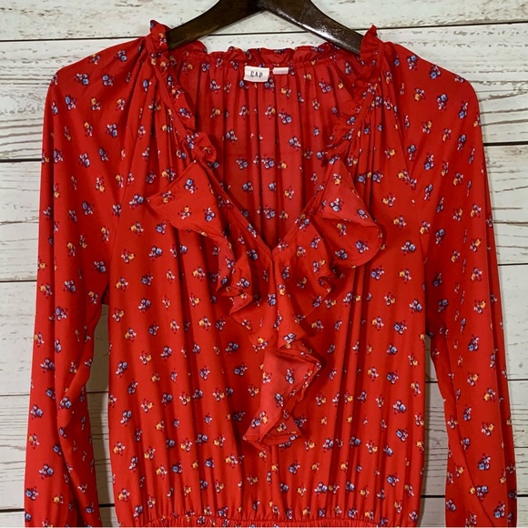 Gap Red Blue Yellow Tiny Floral Print, Ruffle Details Pockets Fit Flare Dress - Picture 2 of 8